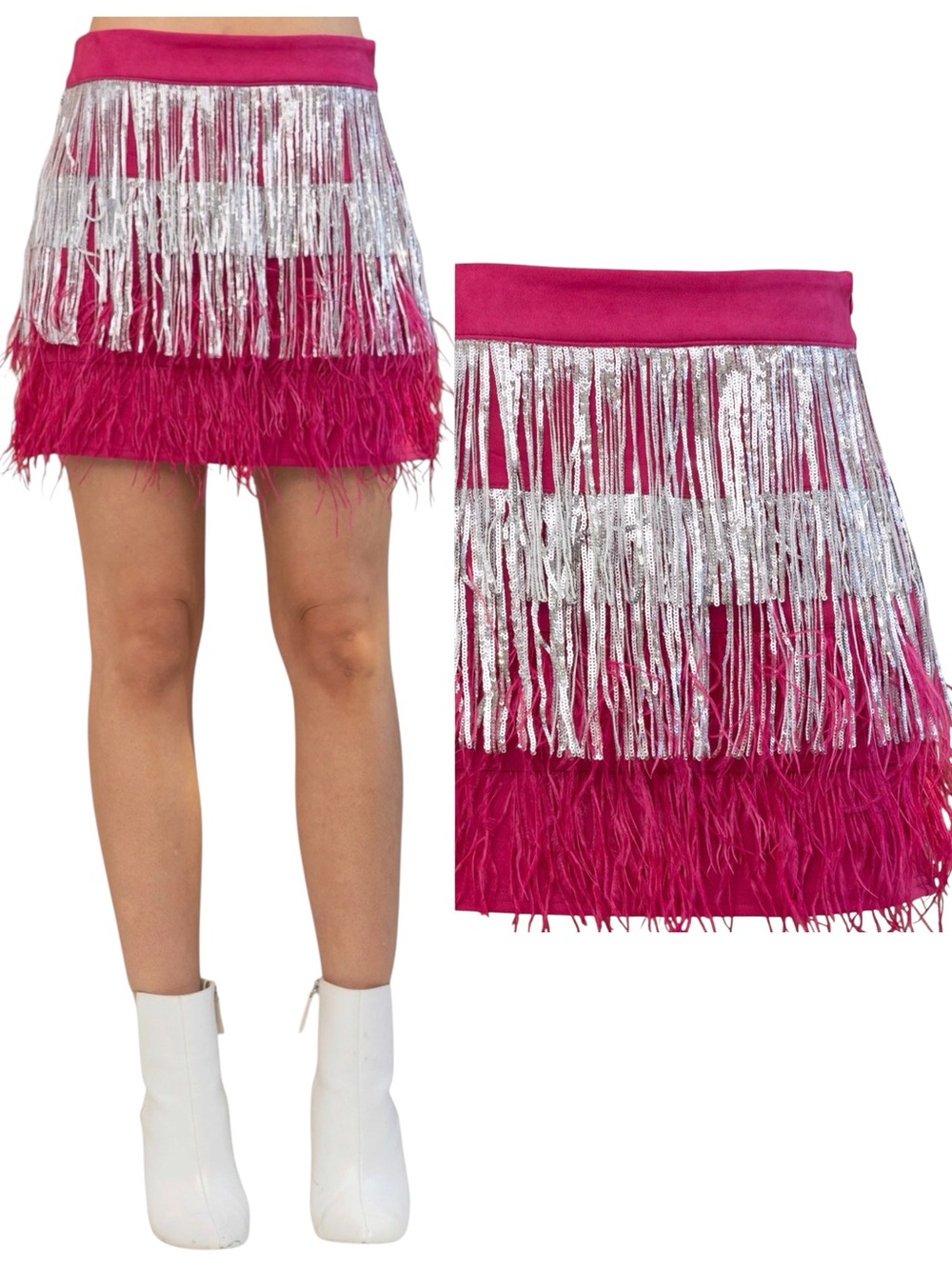 NEW blue b Fuchsia Faux Suede Ostrich Feather & Silver Sequin Fringe Mini Skirt